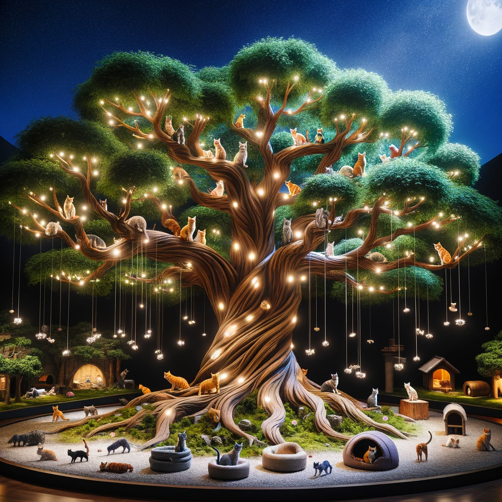 DALL·E 2023-12-23 18.31.59 - A hyper-realistic scene of a large, majestic tree decorated with cat-themed elements. The tree's branches are lifelike, with realistic bark texture an